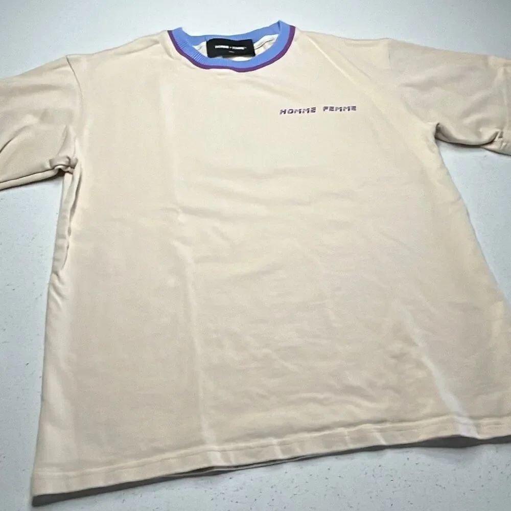 Homme + Femme LA Graphic T Shirt Small Beige Purple Blue Ribbed Collar 100% Cott